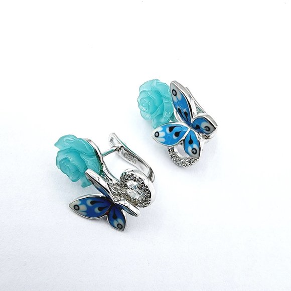 Enamel Butterfly, Glass Flower and CZ Earrings - Picture 3 of 3
